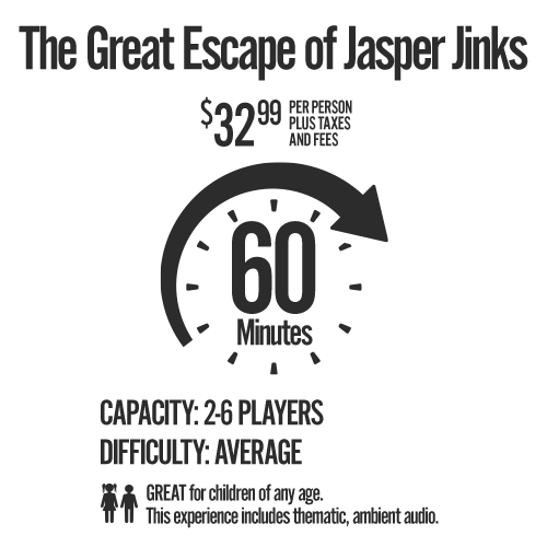 Jasper Jinks Info 500x500 · Escape Code Branson | USA Today #5 Best Escape Room in the nation! The Great Escape of Jasper Jinks
