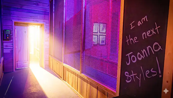 Purple-lit alley with a bright doorway at the end, wooden walls, and graffiti stating 'I am the next Joanna Styles!' | Escape Code | Branson, Missouri Escape Room