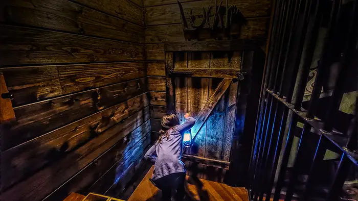 Person in a dim, wood-paneled room shines a blue flashlight at a heavy wooden door. | Escape Code | Branson, Missouri Escape Room