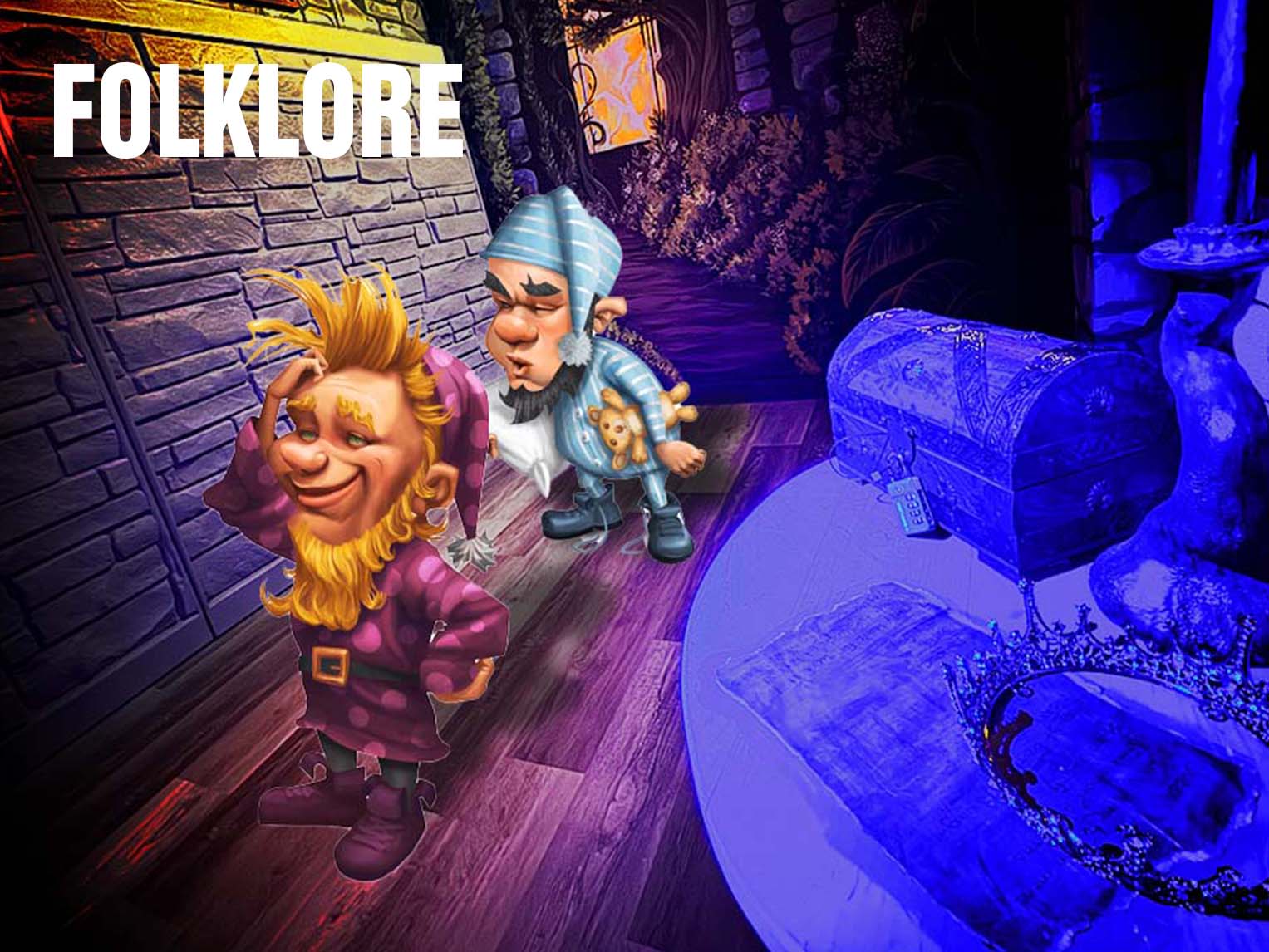 Two cartoon dwarfs in a purple-blue fantasy hallway with 'FOLKLORE' in bold white letters at the top left.