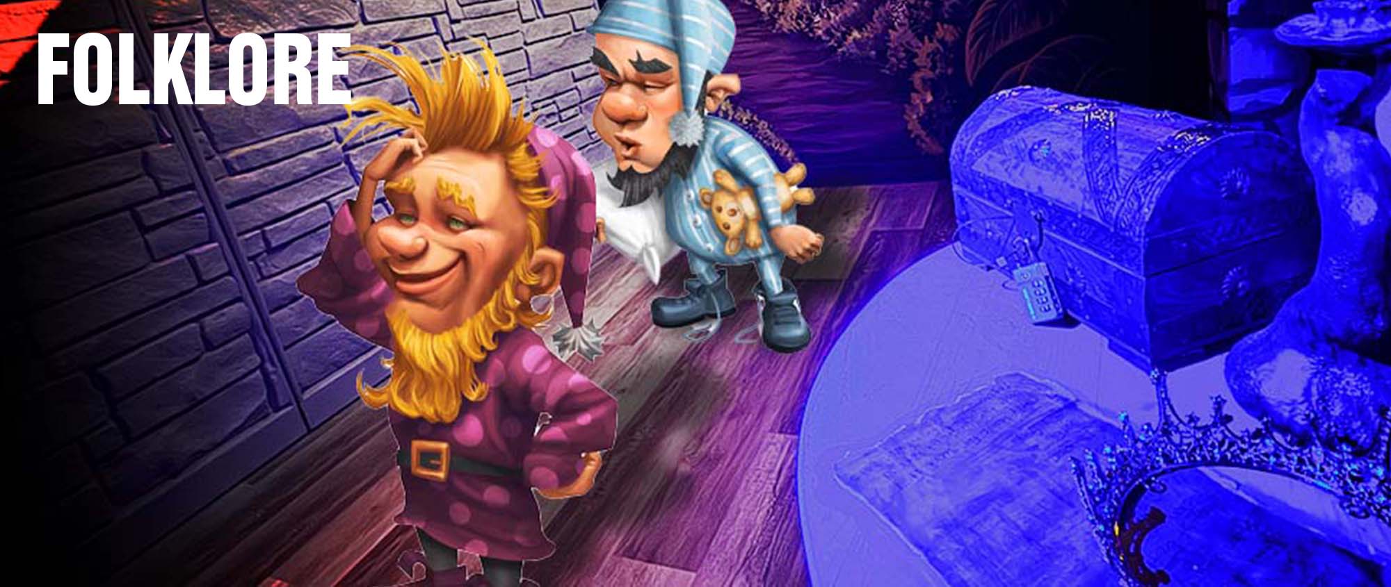 Cartoon characters in a purple-blue room; a bearded man in purple with a red belt and a tiny blue-clad dwarf nearby, with 'FOLKLORE' text in the corner.