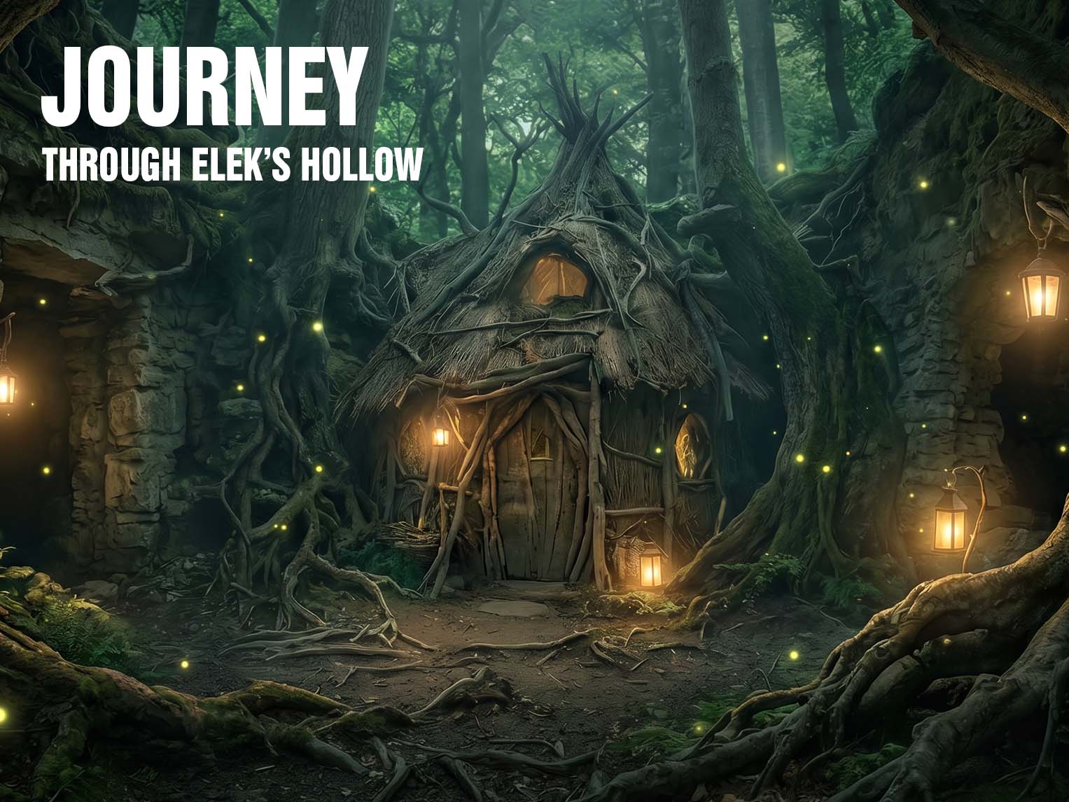 Fantasy forest scene with a carved treehouse in a hollow trunk, glowing lanterns, and fireflies; banner text reads 'Journey Through Elek's Hollow'.