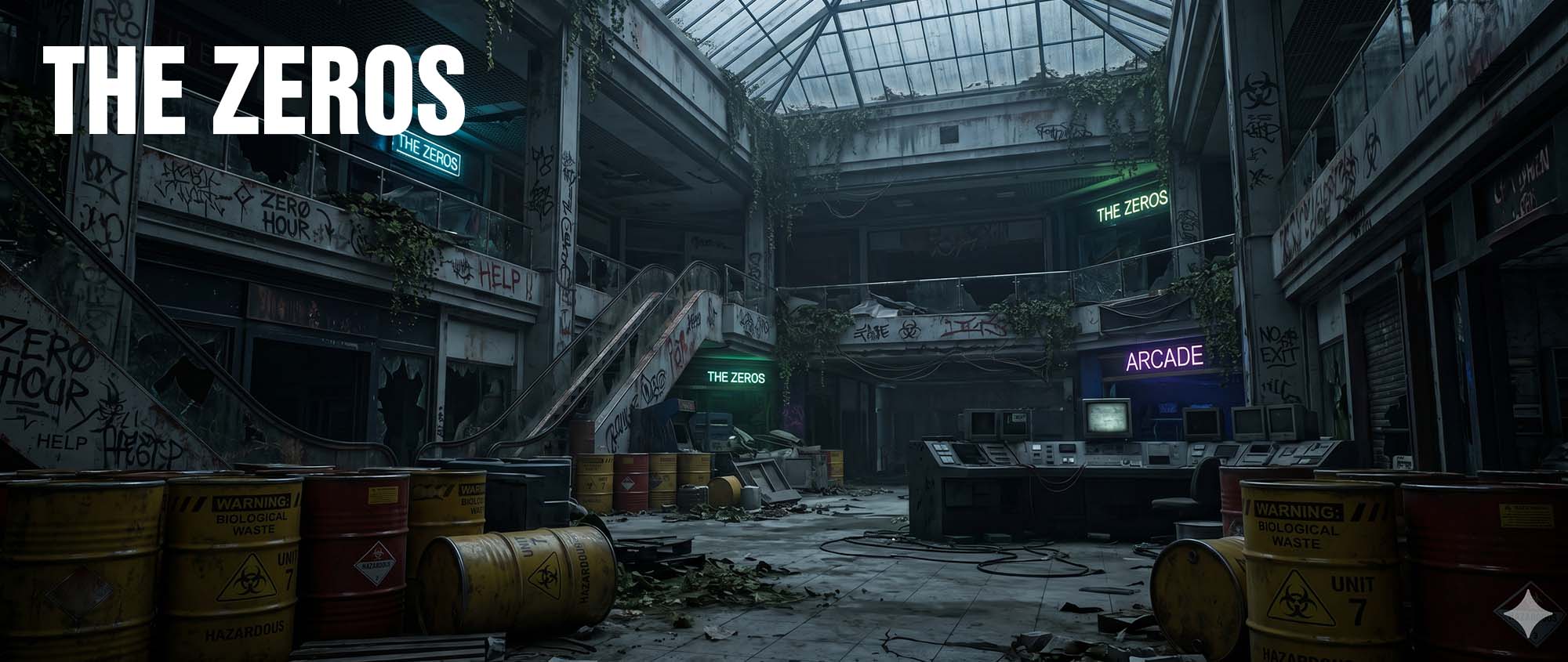 Abandoned arcade leveled by decay with neon signs saying THE ZEROS, graffiti-covered walls, and scattered barrels.