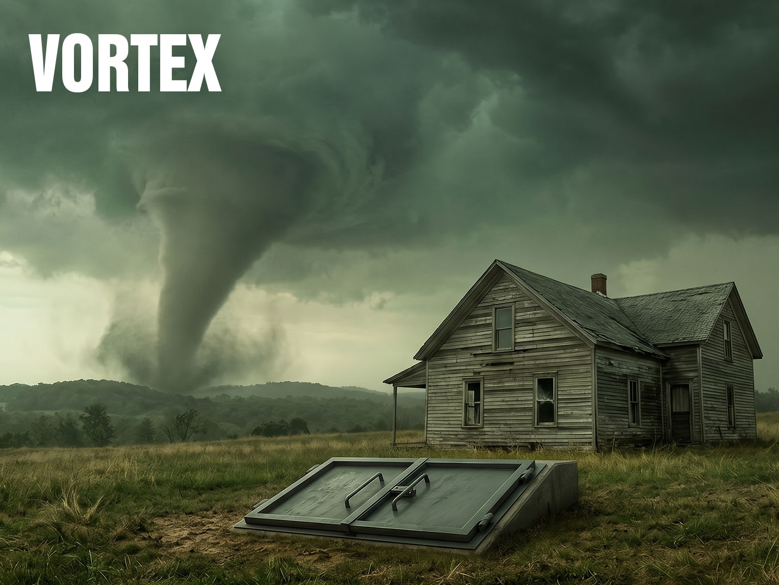 Tornado funnels toward a desolate farmhouse as dark storm clouds loom over a grassy field.